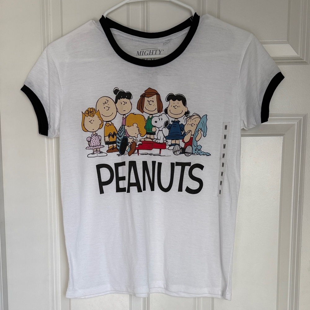 Mighty Fine Peanuts White and Black Ringer Tee